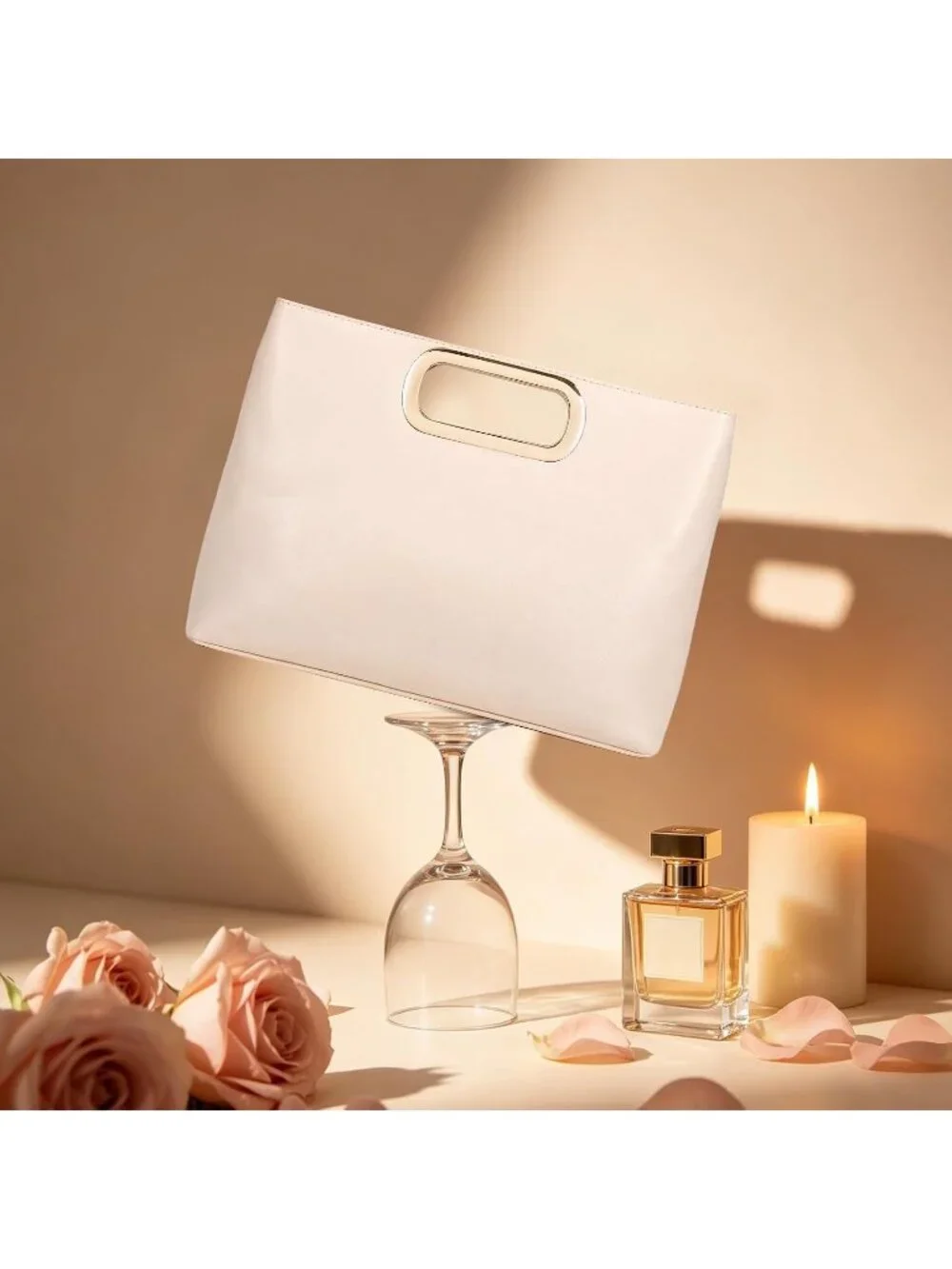 Women's Cream Clutch Handbag Modern Faux Leather with Metal Handle Evening Bag